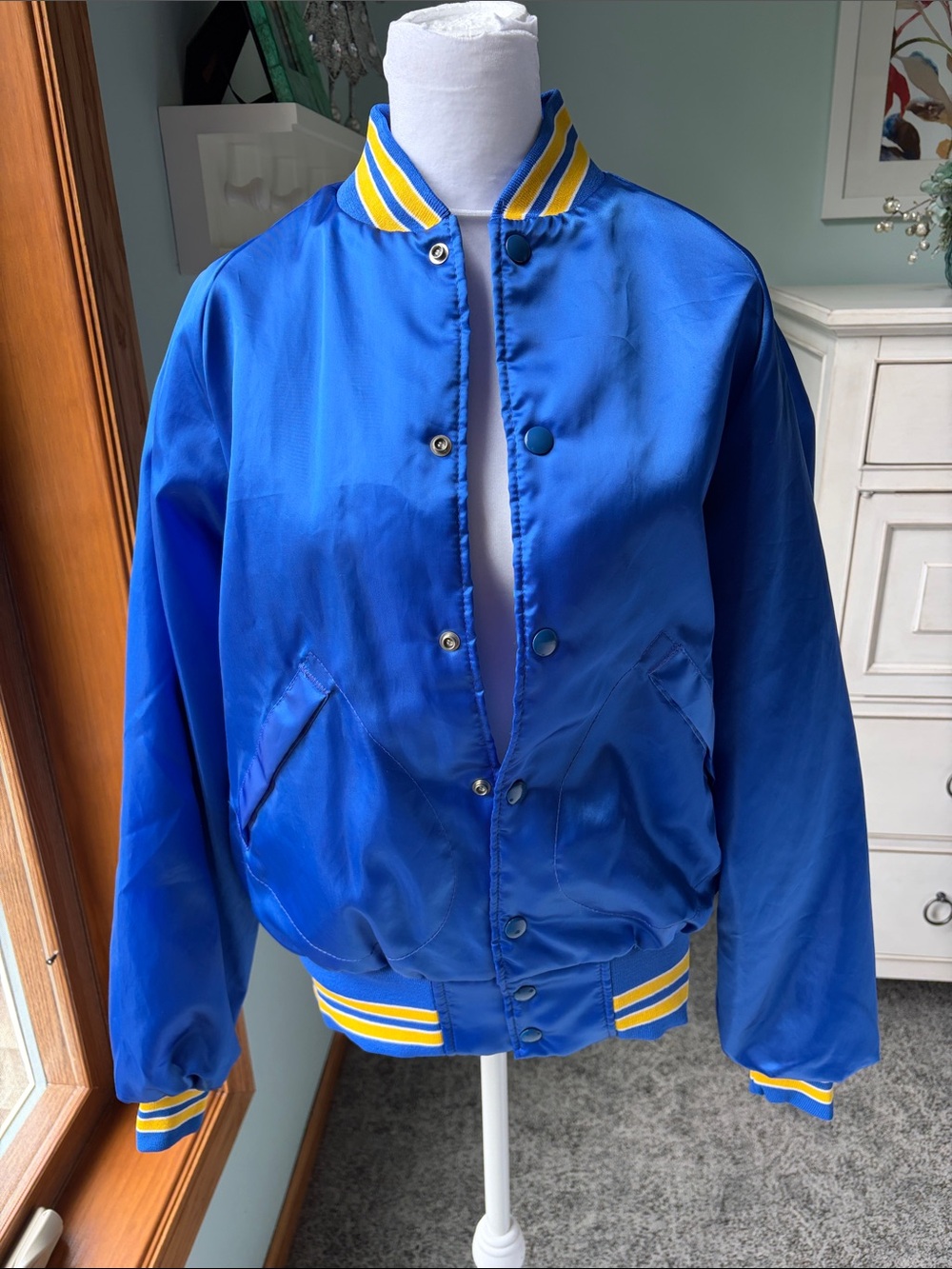 Vtg 80s Pla-Jac by Dunbrooke Royal Blue Satin Bomber Jacket Yellow Trim Sz M